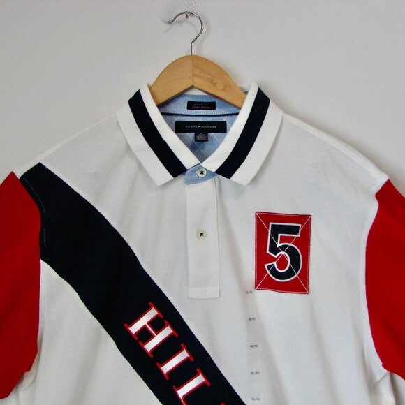 Tommy Hilfiger Polo Shirt Logo White Red Blue Stripe NEW WITH TAGS NWT Size XL - Picture 2 of 12